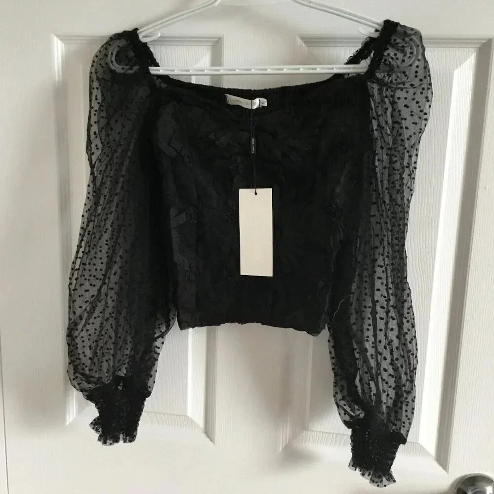 NWT Mesh Polka Dot Sleeve Lace Crop Top Blouse Coquette Gothic Chic US 6-8 (M-L)